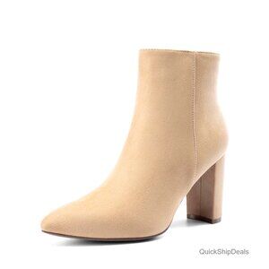 Chunky Heel Ankle Booties Pointed Toe Faux Fur Lined Zipper Closure